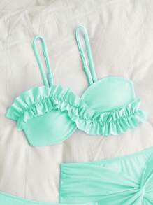 SHEIN Tween Girls Bikini - Fashionable & Elegant Mint Green Swimsuit Set. Features Soft Knitted Fabric, Fully Lined Bikini Top With Lace Trim, And A Matching Wrap Skirt. A Stylish, Casual, And Exquisitely Detailed Three-Piece Design. Perfect For Swimming, Summer Vacations, Beach Trips, Pool Parties, And Holiday Leisure. - Mint Green - View 3