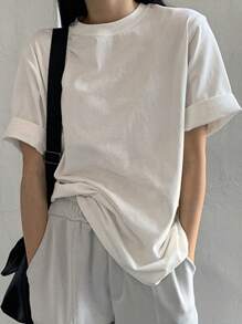 DAZY Solid Round Neck Tee Oversized T-Shirt - White - View 9