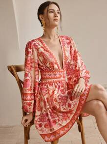 Anewsta 海滩、度假、节日、优雅女士 V 领灯笼袖蕾丝镂空设计收腰印花荷叶边下摆连衣裙 - 淺粉色 - 查看 6