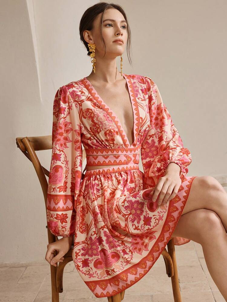 Beach, Vacation, Festival, Elegant Women's V-Neck Lantern Sleeve Lace Hollow-Out Design Waisted Printed Ruffle Hem Dress