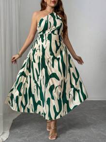 SHEIN Unity Plus Size Women Green Abstract Print Asymmetrical Shoulder Side Hollow Out Drawstring Waist Ruched Full Length St. Patrick's Day Dress - Multicolor - View 3
