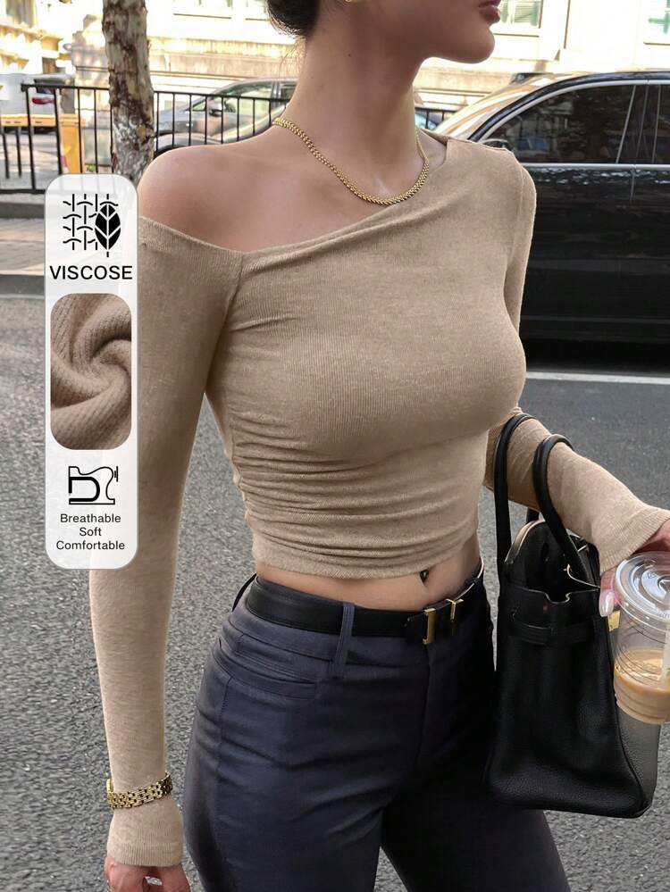 Women Casual Solid Color Asymmetric Neck Short T-Shirt, Long Sleeve, Autumn,Fall Women Clothes