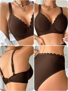 Swim DD+ Women's Solid Color Shell Trim Wire-Rimmed Bikini Set For Summer Beach Vacation - Brown - View 4