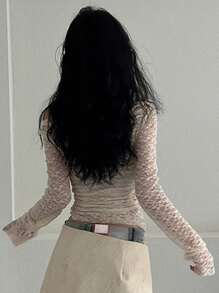 DAZY 女士蕾丝透视斜肩衬衫，春夏季节日长袖女士上衣，秋季女士服装 - 杏色 - 查看 2