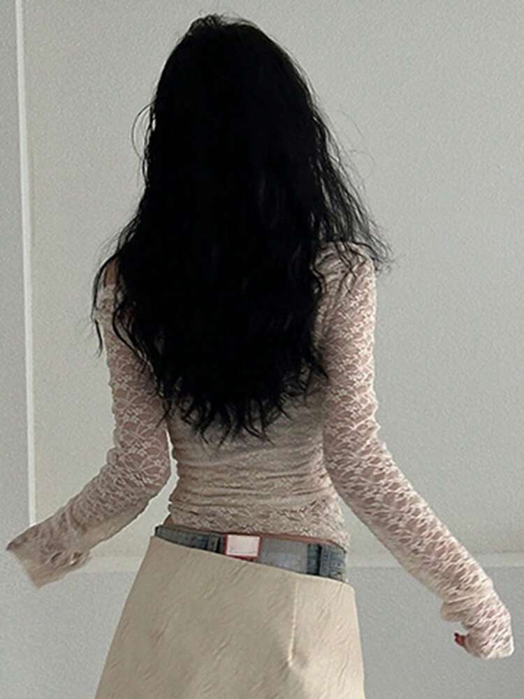 Women Lace Sheer Oblique Shoulder Blouse, Spring/Summer Festival Long Sleeve Women Tops,Fall Women Clothes