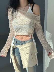 DAZY 女士蕾丝透视斜肩衬衫，春夏季节日长袖女士上衣，秋季女士服装 - 杏色 - 查看 3