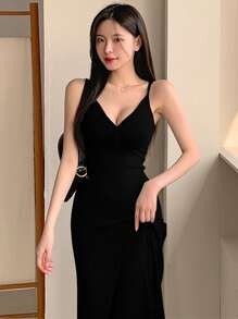 DAZY 女士吊带收腰长款鱼尾优雅连衣裙，黑色连衣裙/吊带长裙 - 黑色 - 查看 3