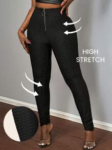 Slaydiva Women's Casual Elegant Black Circular Zipper Waistband Stretch Fabric Pants, Autumn/Winter