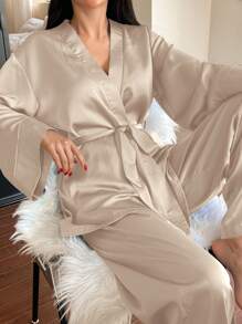 DAZY Spring Elegant Satin Belted Robe & Pants Pajama Set, Sleepwear Suit, Fall Winter Clothes Pajama - Apricot - View 5