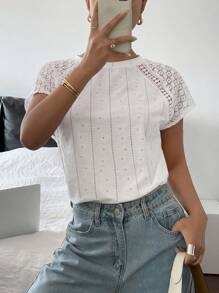 SHEIN Frenchy Women's Simple Casual Solid Color Contrast Lace Short Sleeve Casual T-Shirt,Spring/Summer, Textured Vertical Stripe Floral Top,Loose Bat Sleeve T-Shirt,Jacquard Textured Openwork Knit Fabrics,Casual Holiday Fashionable For Commuting,For Daily Wear White - White - View 5