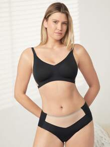 LUVLETTE Dream Curve 2ndSkin Black Full Coverage Wireless Seamless Breathable Mesh Side Support Airy V-Neck T-Shirt Sticky Basic SizeFreedom Bra No Show Underwear Comfortable Must-Haves Also Suitable For Teen Girl & Young & Kid - Black - View 8