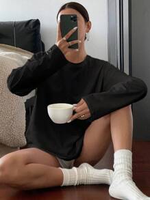 DAZY Maglietta casual a maniche lunghe con scollo a equipaggio e ricamo a lettera, ampia, per donna, adatta per primavera, estate e autunno