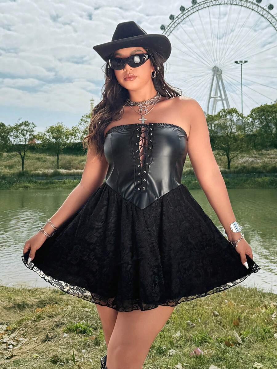 Flirla New Sexy Bohemian Lace & Leather Patchwork Cami Dress With Grommet Lace-Up, Festival, Hippie, Cowgirl, Old Money Style - Black - View 1