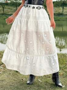 Flirla Saia Branca de Cintura Alta Solta Estilo A-Line com Barra Franjas, Bordados, Retalhos e Renda, Inspirada em Festival, Boho, Hippie, Cowgirl, Velhos Ricos, Praia, para Mulheres Plus Size