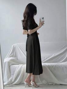 DAZY 女士优雅纯色泡泡袖连衣裙，配腰带，适合夏季穿着，休闲女装 - 黑色 - 查看 2