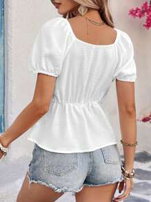 Breezaya Women's Fashion Lace Patchwork Puff Sleeve Ruffle Sweetheart Neck Off Shoulder Design Spring/Summer Blouse - White - View 2