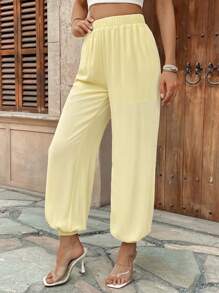 Breezaya Pantalones holgados tipo farol casuales para vacaciones de mujer, con cintura elástica, parcialmente transparentes, para primavera/verano - Amarillo - Ver 1