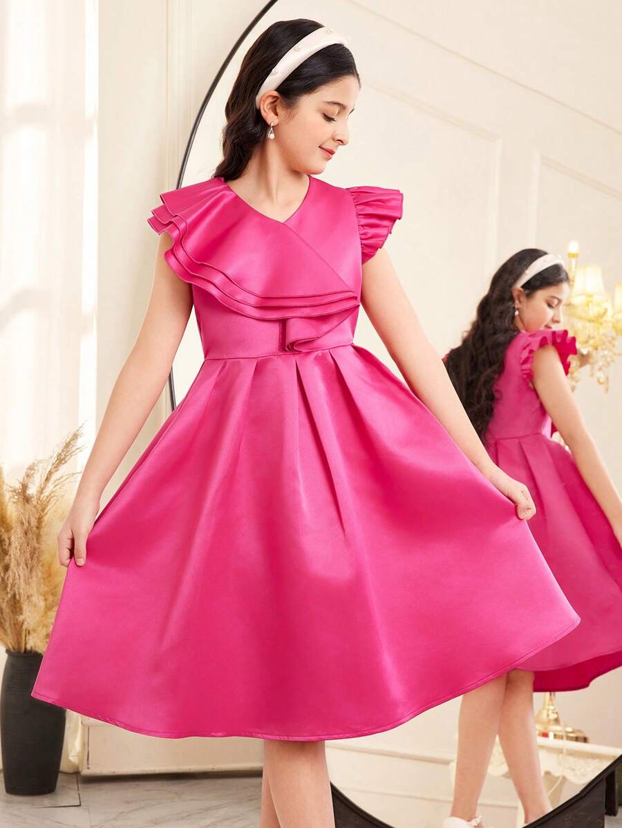 Tween Girls' Elegant Vintage Palace Style Layered Ruffle V-Neck Dress, Ramadan - Hot Pink - View 1