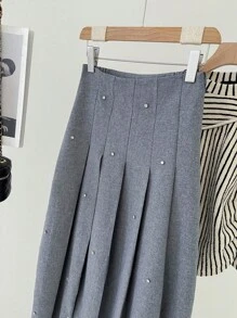 Chiquease Women Casual Solid Color Pleated Skirt With 3D Beading - Grey - View 5