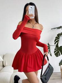 SHEIN EZwear Vestido corto rojo con hombros descubiertos y drapeado - Rojo - Ver 7