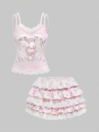 Kawaii Tenue 2-en-1 mignonne et féminine avec imprimé lapin et nœud pour femmes