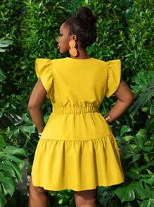 Slaydiva New Spring And Summer Casual Holiday Round Neck + V-Neck Ruffle Cap Sleeve Elastic Waist Bow Decor Layered Ruffled A-Line Mini Dress, Green Plus Size  Summer Outfits For Women Plus Size - Yellow - View 2