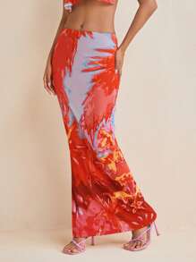 Eva Novielli Designer Spring And Summer Printed Mesh Pencil Side Split Vacation Long Skirt, Spring Break, Ibiza Fits - Multicolor - View 5