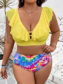 SHEIN Swim Lushore Plus Size Women 2pcs/Set Printed Tankini, Solid Color Contrast Vest Style Bikini - Yellow - View 4