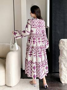 DAZY Rochie tip cămașă cu imprimeu lejer și mânecă trei sferturi, cu volane, rochie de toamnă, rochie maxi cu mânecă lungă - Violet - Vizualizare 2