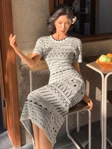 DAZY Geometric Pattern Round Neck Loose Women Midi Dress Boho Sundress,Casual Women Dresses Vacation - Black - View 5