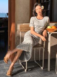 DAZY Geometric Pattern Round Neck Loose Women Midi Dress Boho Sundress,Casual Women Dresses Vacation - Black - View 7