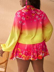 Slaydiva Plus Size Women's Yellow Gradient Floral Print Long Sleeve Shirt & Asymmetric Hem Sun Dress Suit For Vacation, Romantic, Casual, Beach - Multicolor - View 2