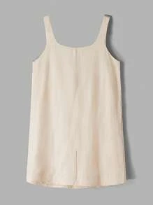 Ontre Robe Camisole En Mélange De Lin Pour Femmes, À La Mode, Décontractée, Simple, unicolore, Encolure Carrée, Avec Poche, Été