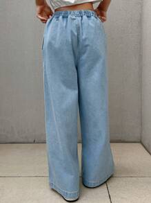 FRIFUL Women Elastic Waist Pocketed Wide Leg Loose Daily Casual Denim Pants,Baggy Jeans