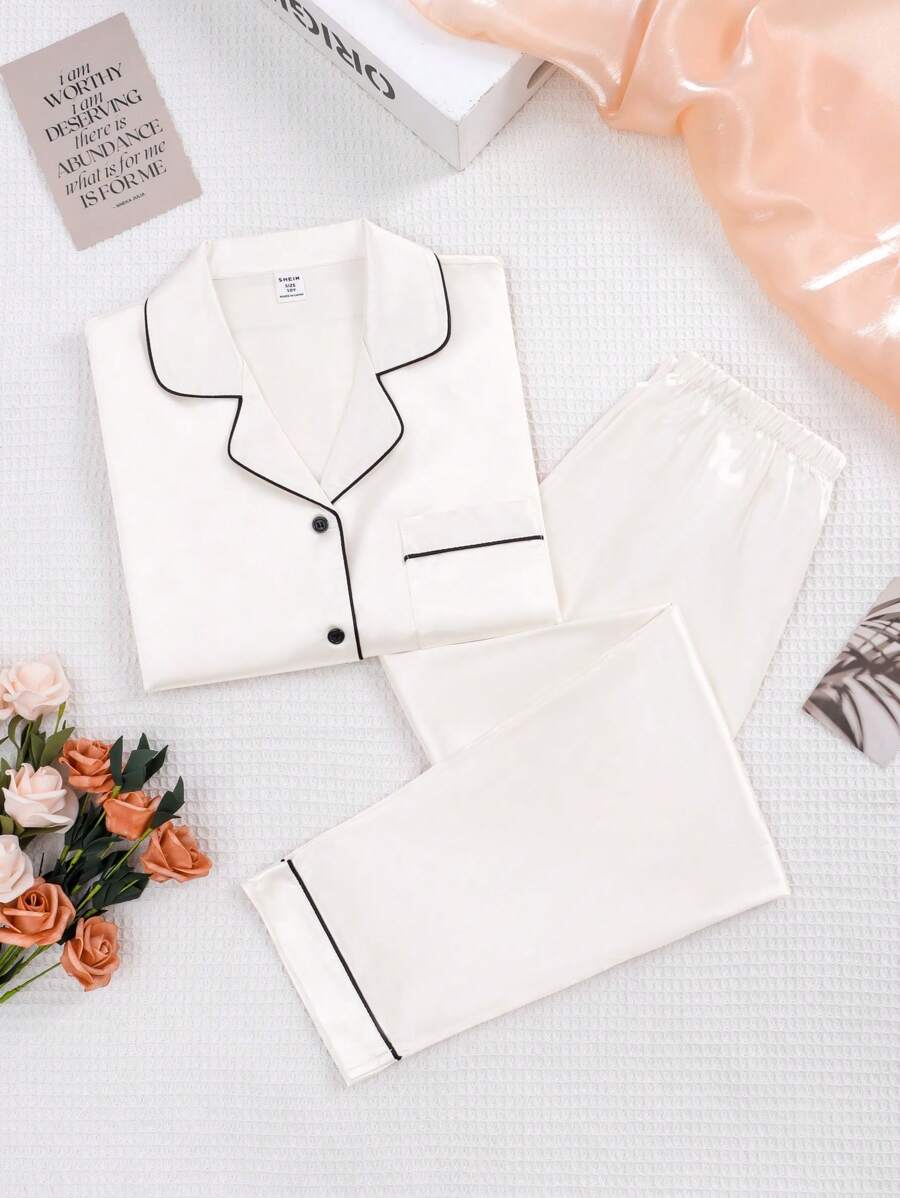 两件套少女香槟色纯色斜纹长袖上衣和裤子睡衣套装，春秋季少女缎面睡衣套装