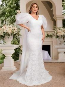 SHEIN Belle Vestido de novia elegante y romántico, de talla grande, con cuello en V, mangas abultadas, lazo y cola, de encaje blanco vintage