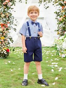 SHEIN 男小童領結條紋襯衫和背帶短褲