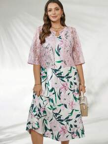 SHEIN Clasi Conjunto de 2 piezas para mujer talla grande: Cárdigan de encaje y vestido sin mangas con estampado floral de cuello en V