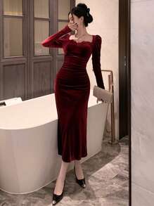 DAZY Vestido elegante de unicolor con cuello de corazón, mangas abullonadas y encaje en contraste, color borgoña, para ocasiones de regreso a la escuela, elegante en otoño e invierno, vestidos rojos de mujer para Navidad - Burdeos - Ver 5