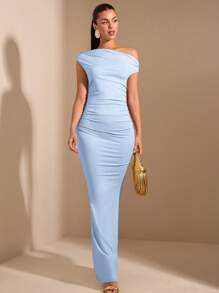 SHEIN BAE 优雅女士不对称下摆连衣裙，适合日常、约会、派对和聚会；春夏装、俱乐部女士装、万圣节装 - 淺藍色 - 查看 3