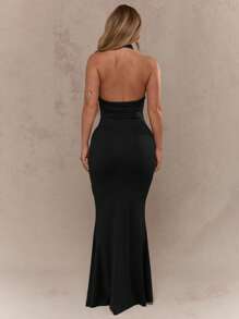 MISSGUIDED High Neck Floor Length Evening Gown Bodycon Wedding Guest Formal Long Dress Special Occasion Elegant Evening Party Maxi - Black - View 2