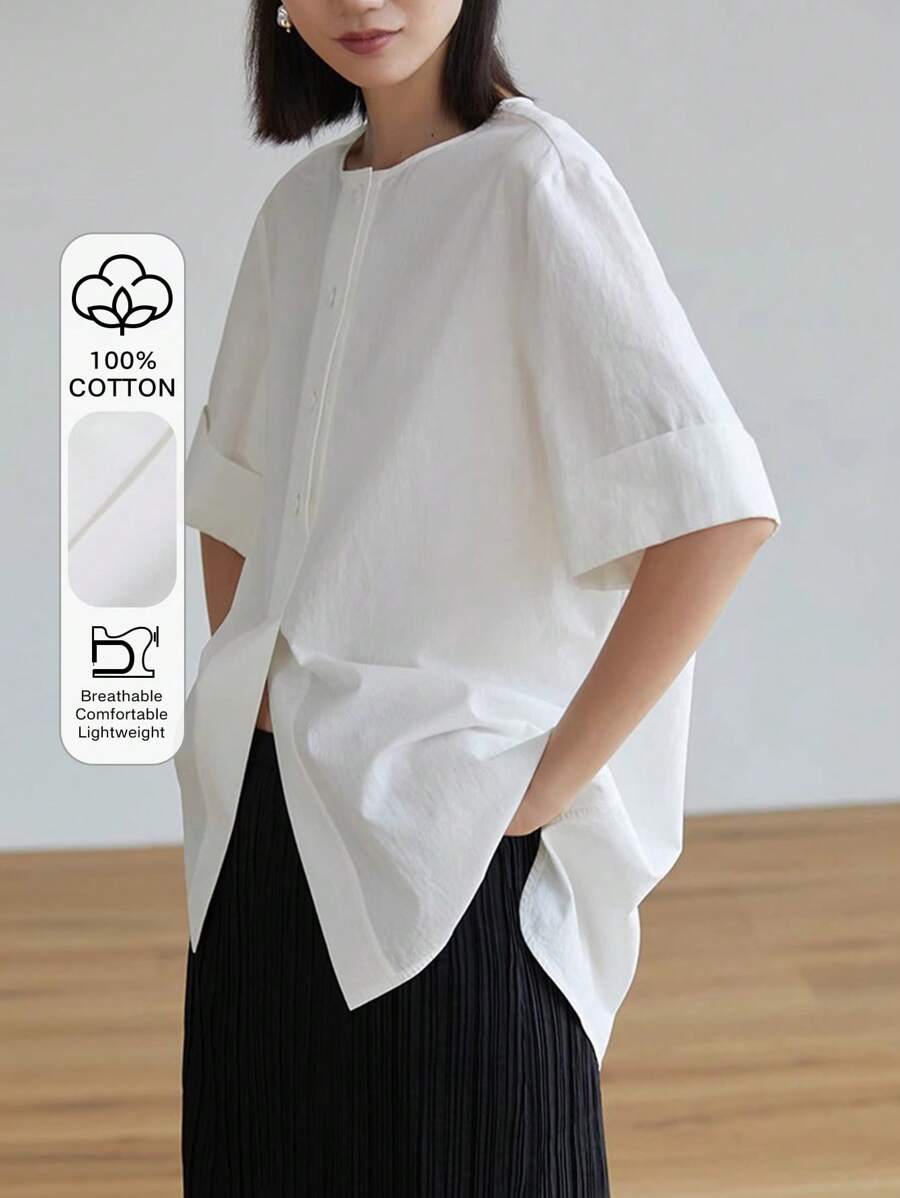 Dazy-Less Loose Solid Color Minimalist Short Sleeve Women Shirt Preppy Tops Business Casual Woman Work Clothes