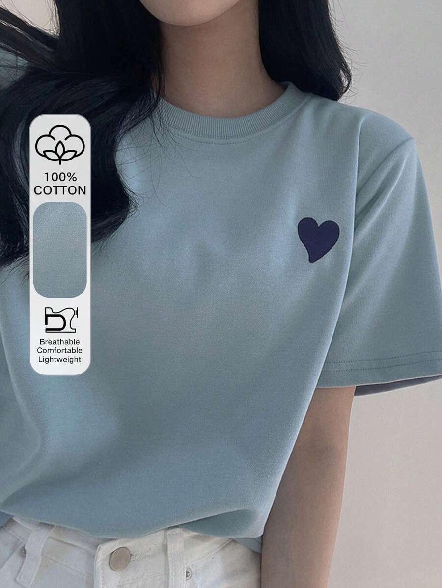 DAZY 女士圆领刺绣撞色心形图案 T 恤，简约设计可爱上衣 - 藍色 - 查看 1