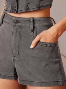 WESTFADE High Rise Fitted Cowgirl Western Studded Denim Shorts - Dark Grey - View 4