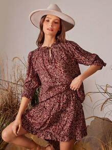 WESTFADE 春季佩斯利印花编织领口蝴蝶结前短款泡泡袖农家衬衫上衣和褶饰腰部荷叶边分层迷你裙女式两件套夏季海滩度假装 - 棕色 - 查看 4