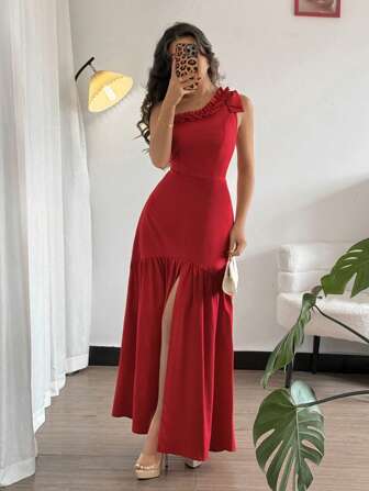 Rafferiza Romantisk Elegant asymmetrisk hals volang midja Flare lång klänning för kvinnor, röd