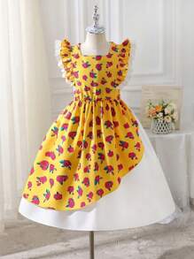 1pc Tween Girls Rose Print Stitching Cap Sleeve Beach Dress, New Arrival Spring/Summer