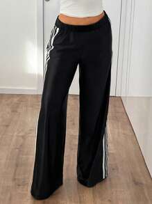 SHEIN ICON Women's Y2k Spring Summer Going Out Outfits Casual Low-Waisted Contrast Color Webbing Wide Leg Pants,For Everyday Wear - Black - View 6