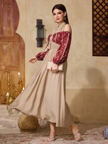 Al Najma 女式拼色印花拼接露肩挂脖阿拉伯连衣裙 - 彩色 - 查看 6