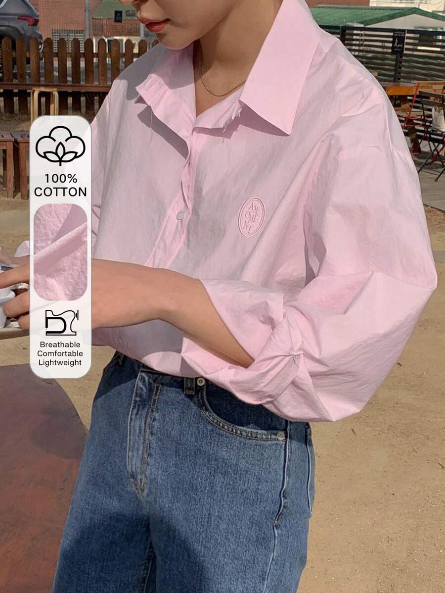 DAZY Letter Patched Drop Shoulder Shirt Long Sleeve Top - Baby Pink - View 1